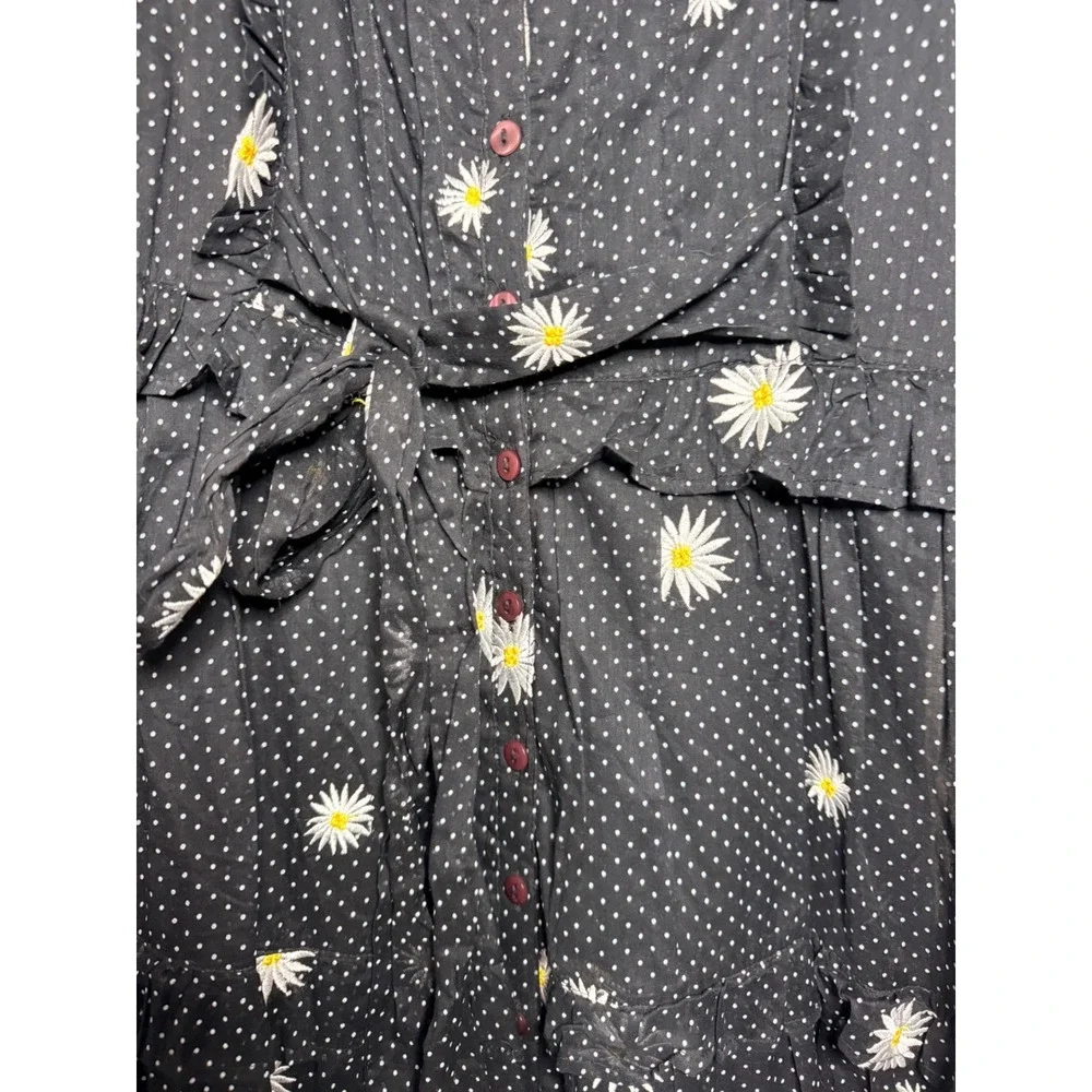 Free People Black Daisy Polka Dot Tiered Midi Dress Button Small